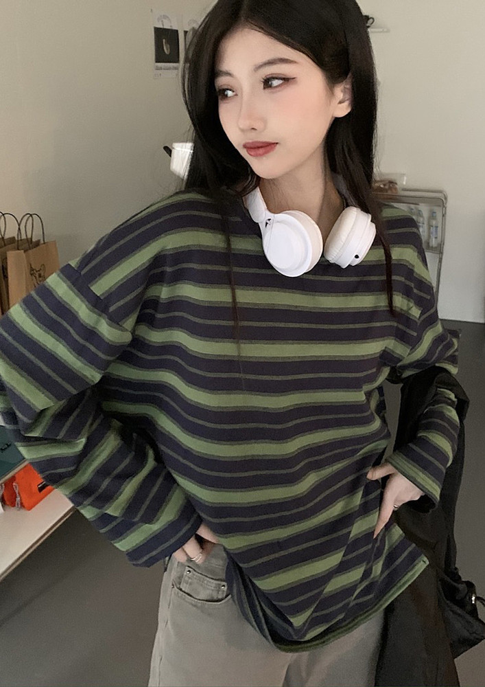 Striped Round Neck Loose Green T-shirt