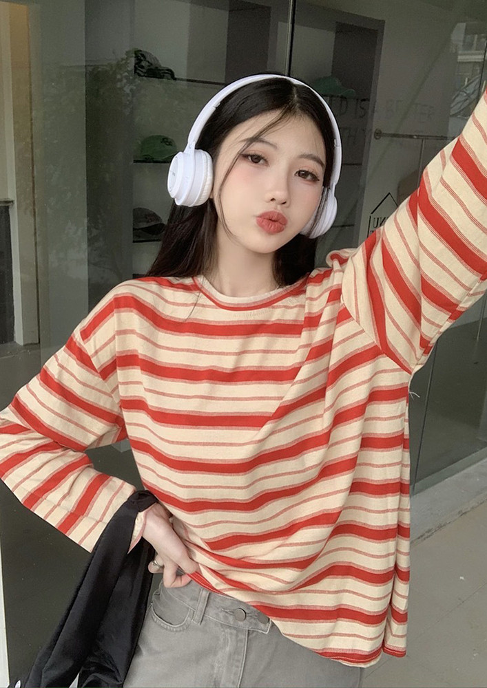 Striped Round Neck Loose Red T-shirt