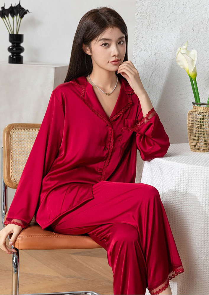 Crimson Lace Trim Comfy Pyjama Set