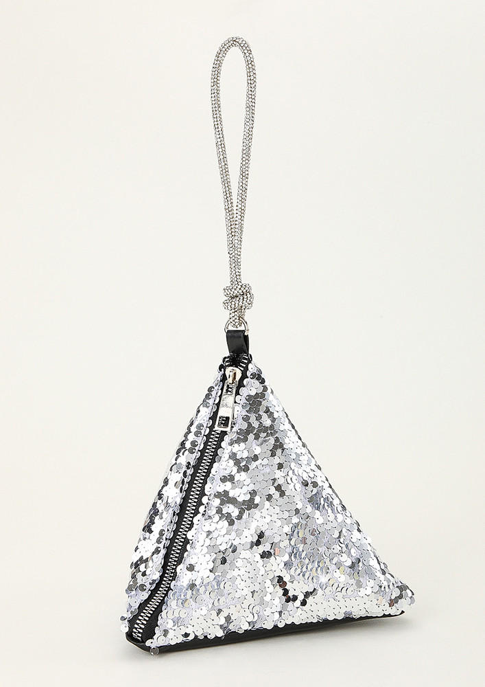 SILVER SEQUINS 3D TRIANGLE SHAPED CLUTCH