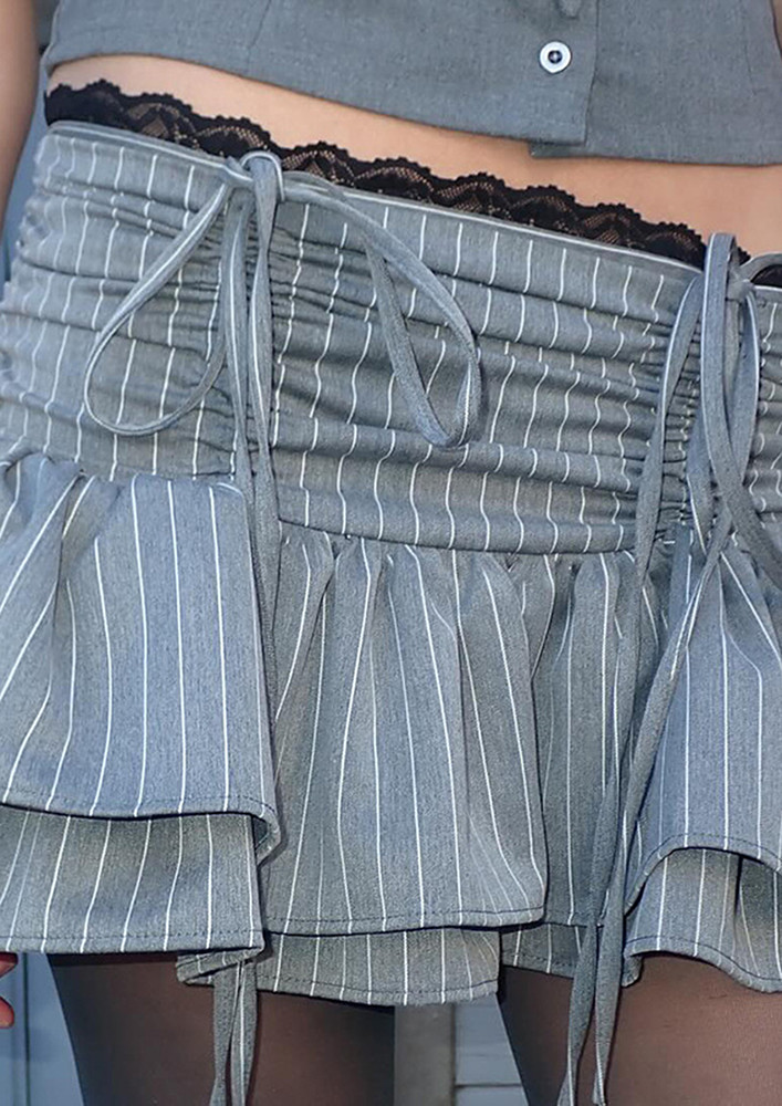 Grey Striped Flounce Mini Skirt