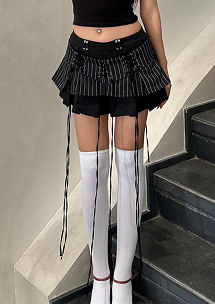 Black Lace-up Strap Mini Skater Skirt