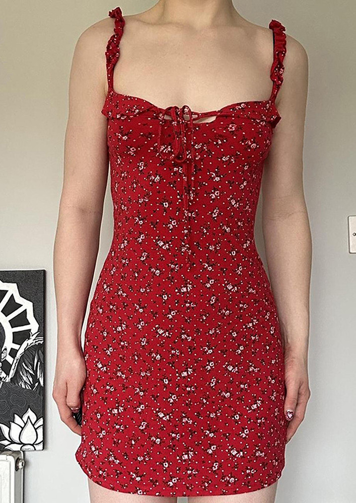 Red Floral Pattern Tie-strap Dress