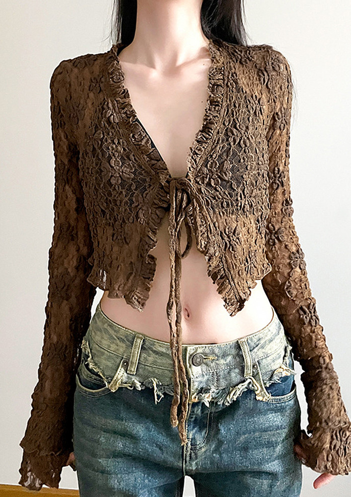 BROWN TRANSLUCENT TIE-UP BLOUSE