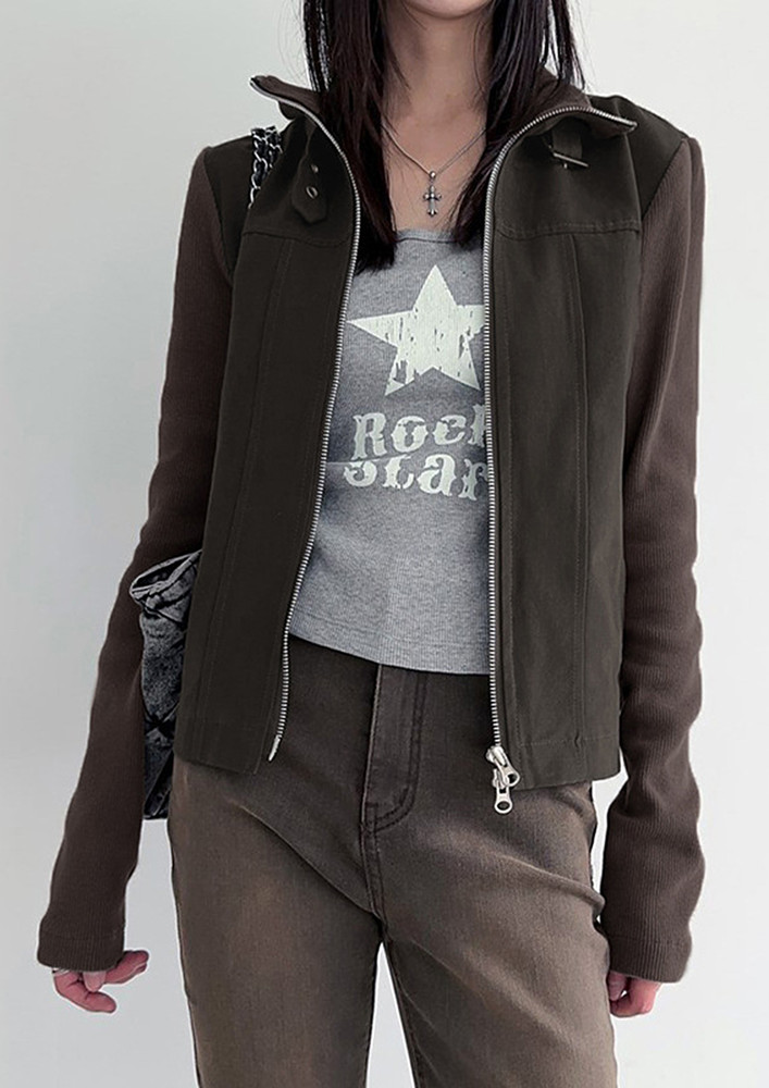 BROWN BUCKLE DOUBLE-ENDED ZIPPER JACKET