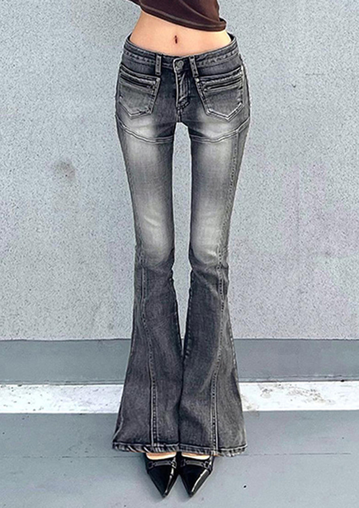 Low-waisted Washed Grey Flare Jeans