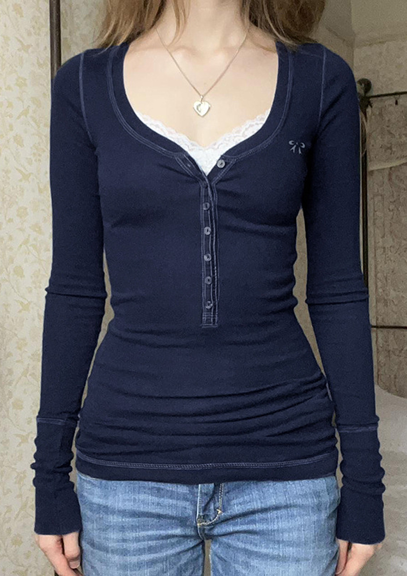 Round Neck Slim Fit Buttoned Top
