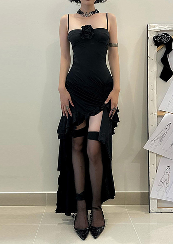 Black Irregular Hem Strappy Long Dress