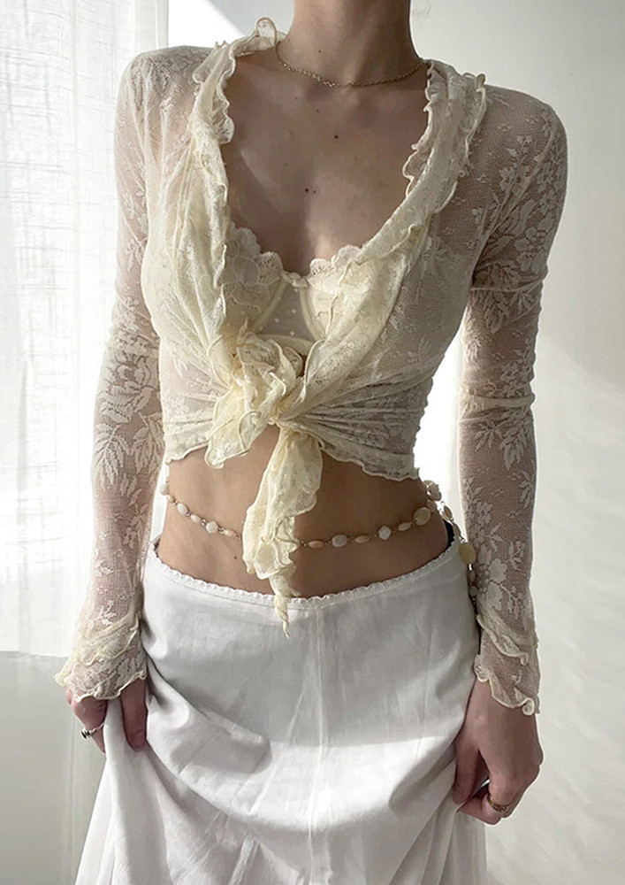 Off-white Sheer-lace Knotty Blouse
