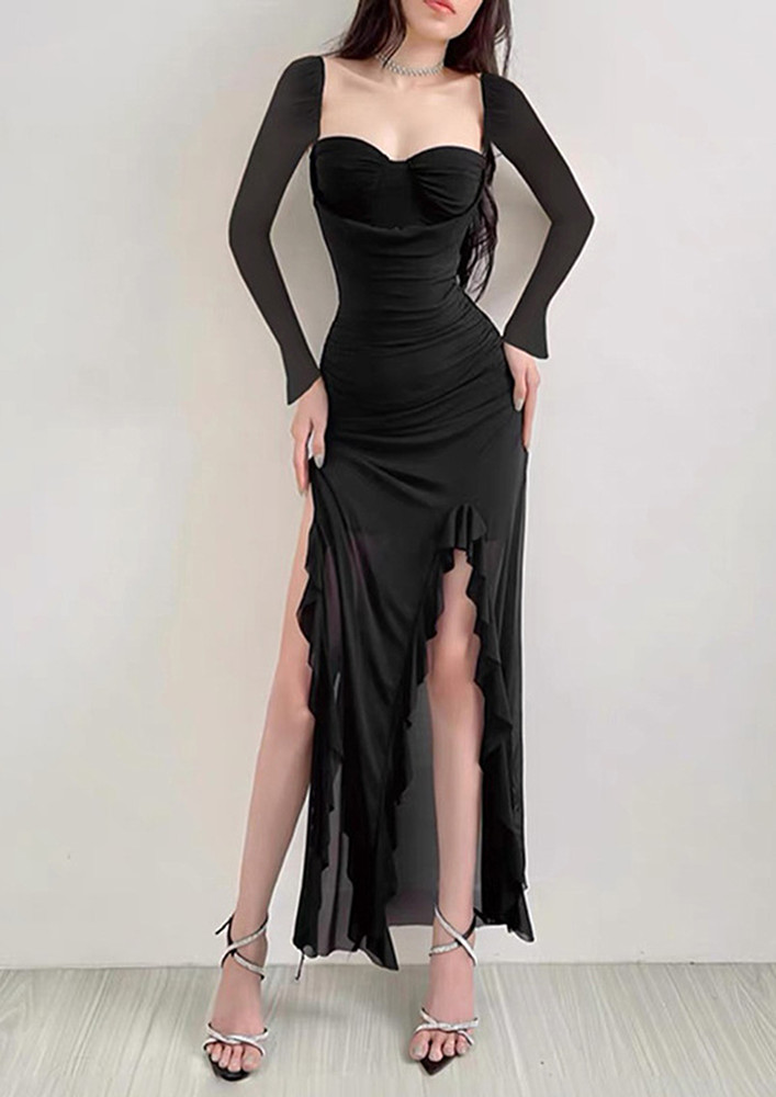 Black Ruffle Detail Sheath Long Dress