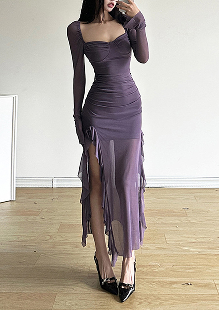 Purple Ruffle Detail Sheath Long Dress