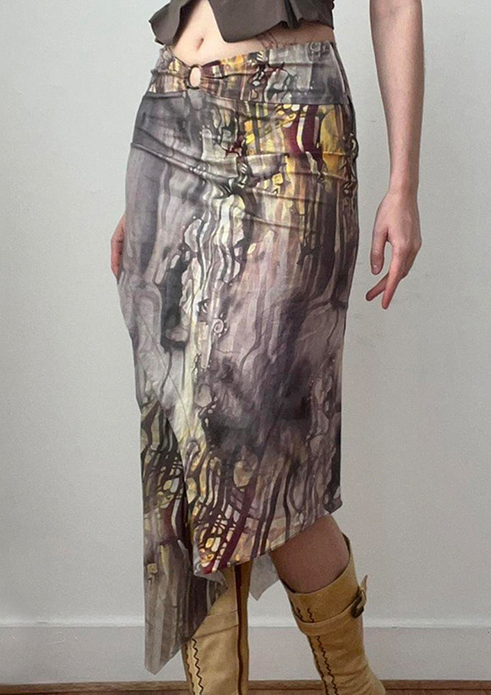 Brown Printed Y2k Midi Skirt
