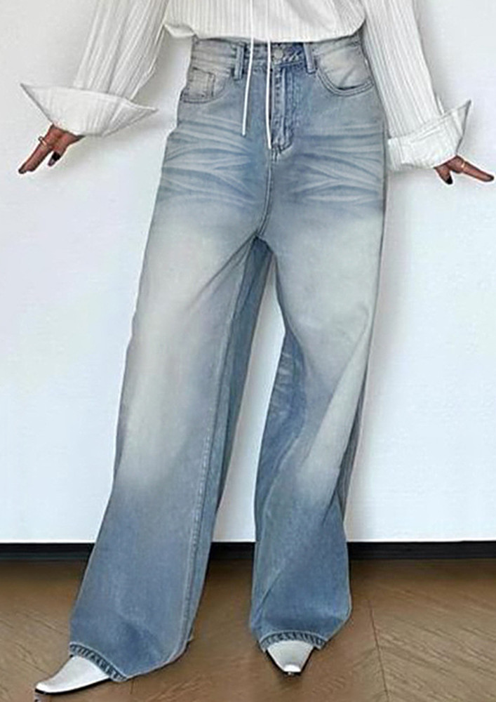 Blue Faded Crease-effect Straight Jeans