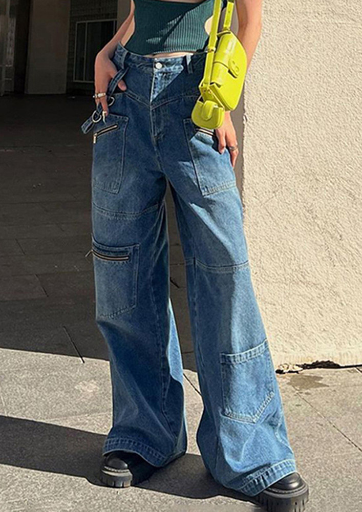 STRAIGHT STREET-STYLE BLUE BAGGY JEANS