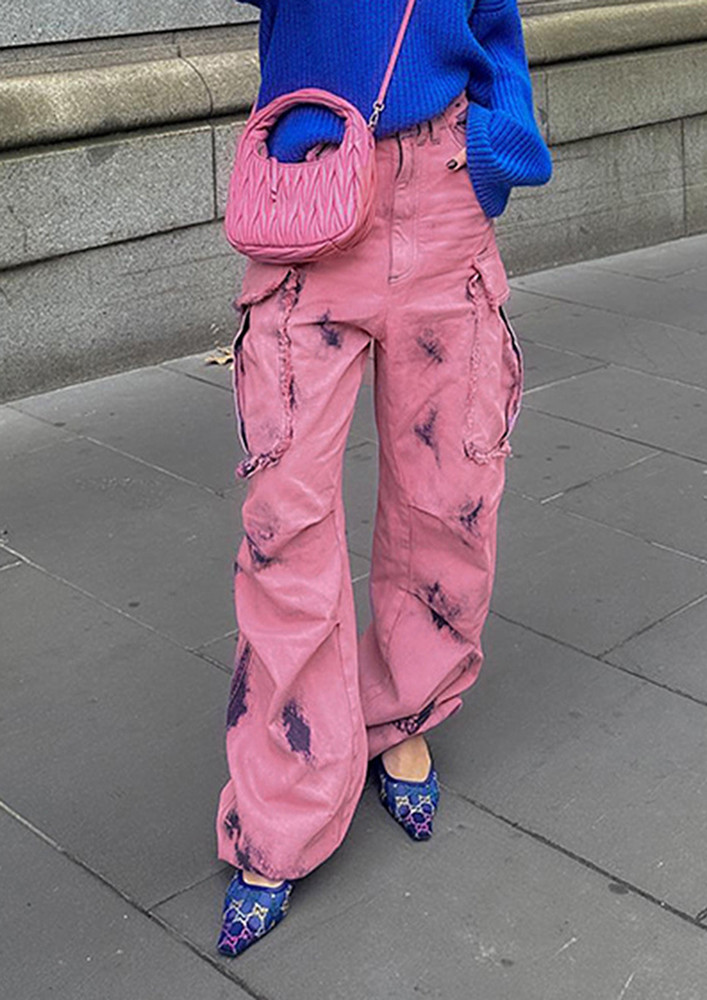 MULTI-POCKTED PINK CASUAL STRAIGHT TROUSER