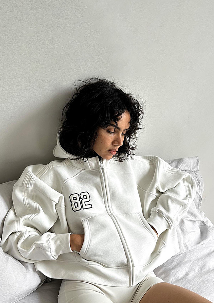 WHITE OVERSIZED ZIPPER-FRONT HOODIE