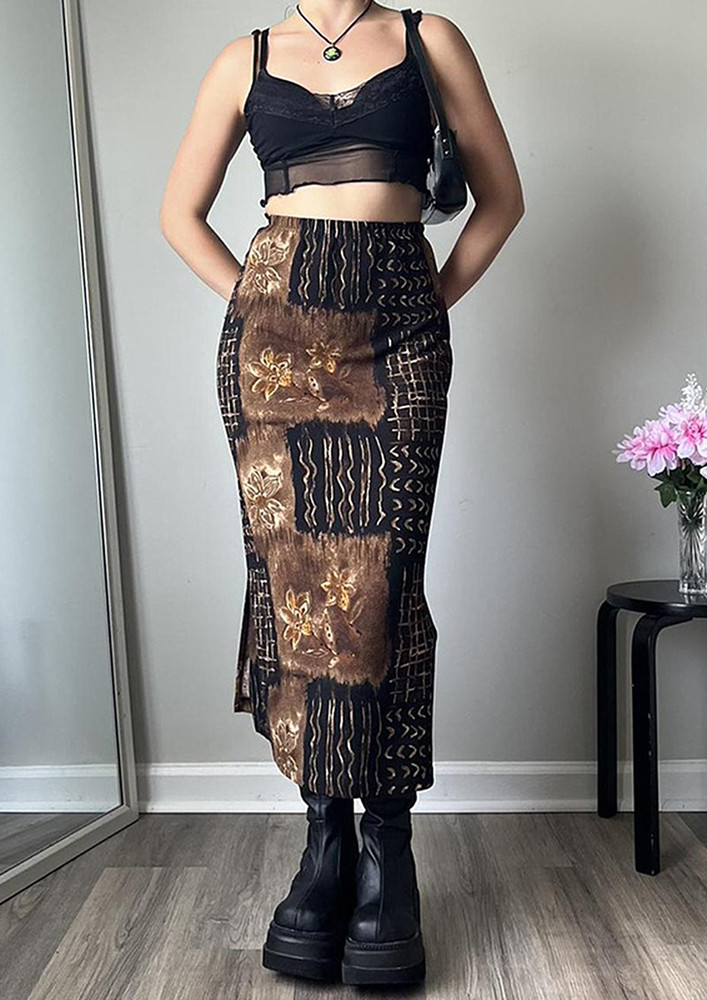 High-waisted Printed Brown Mid-length Skirt