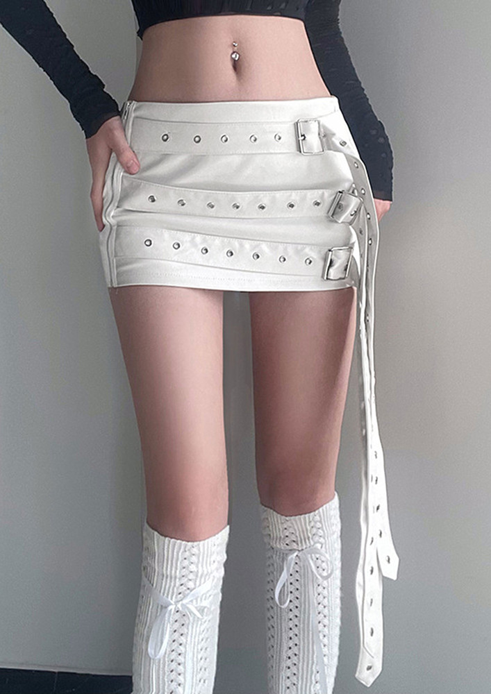 Pu Leather White Buckle Straps Mini Skirt