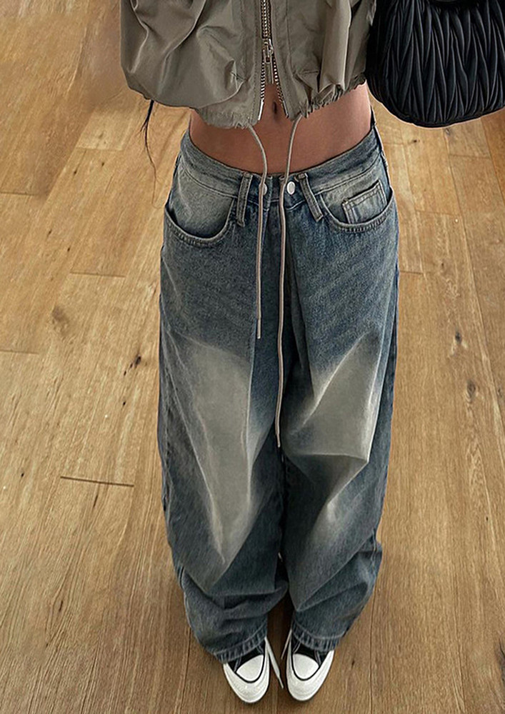 BLUE LOW-WAISTED WASHED BAGGY JEANS