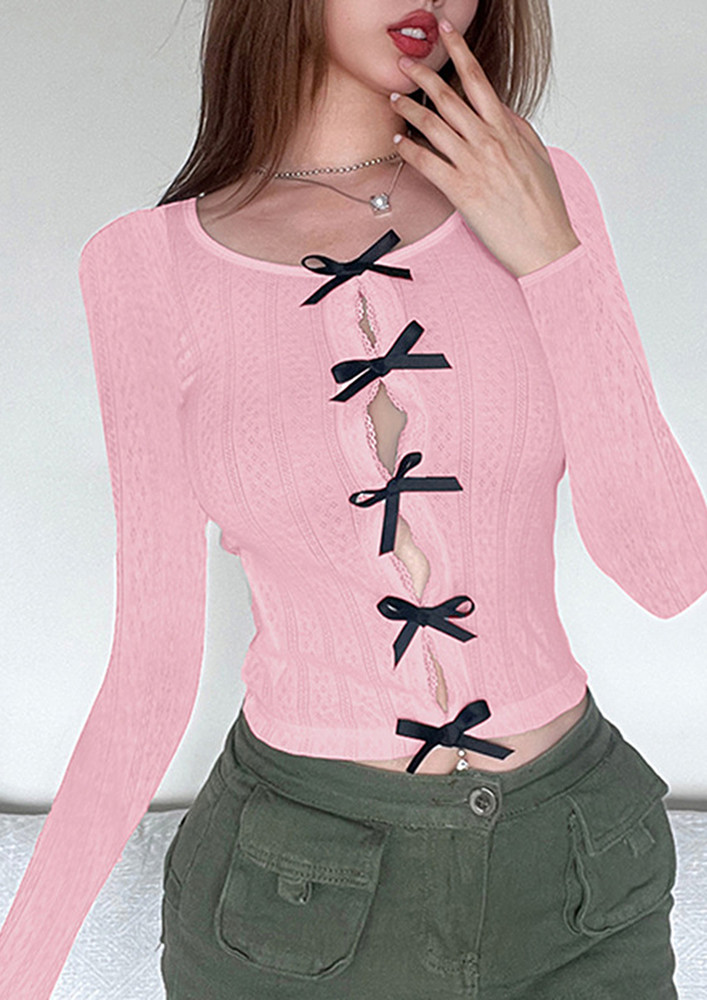 HOLLOW BOW-DECOR FITTED PINK TOP