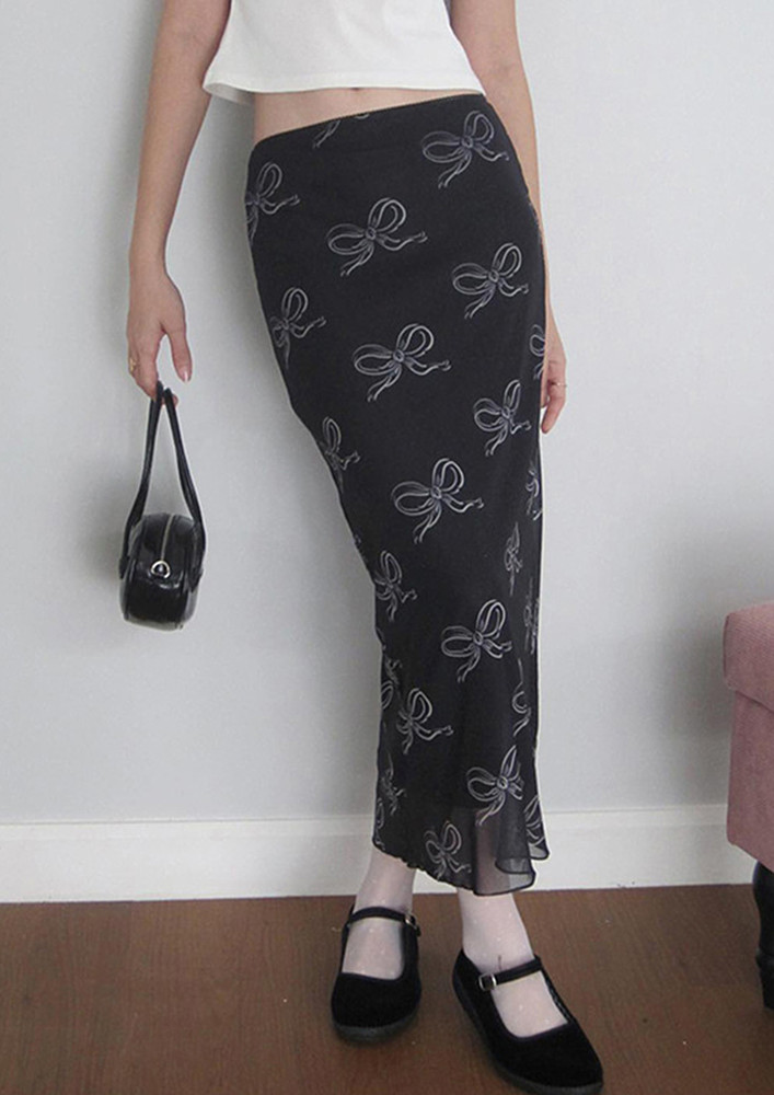 Bow Knot Print Mid-length Black Skirt