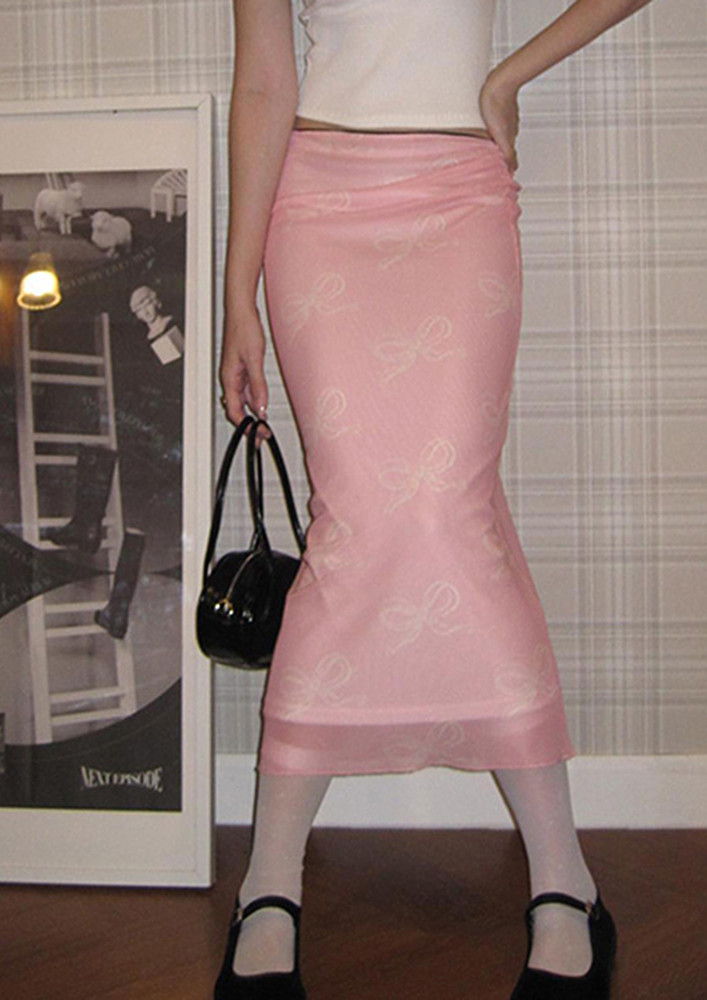 Bow Knot Print Mid-length Pink Skirt