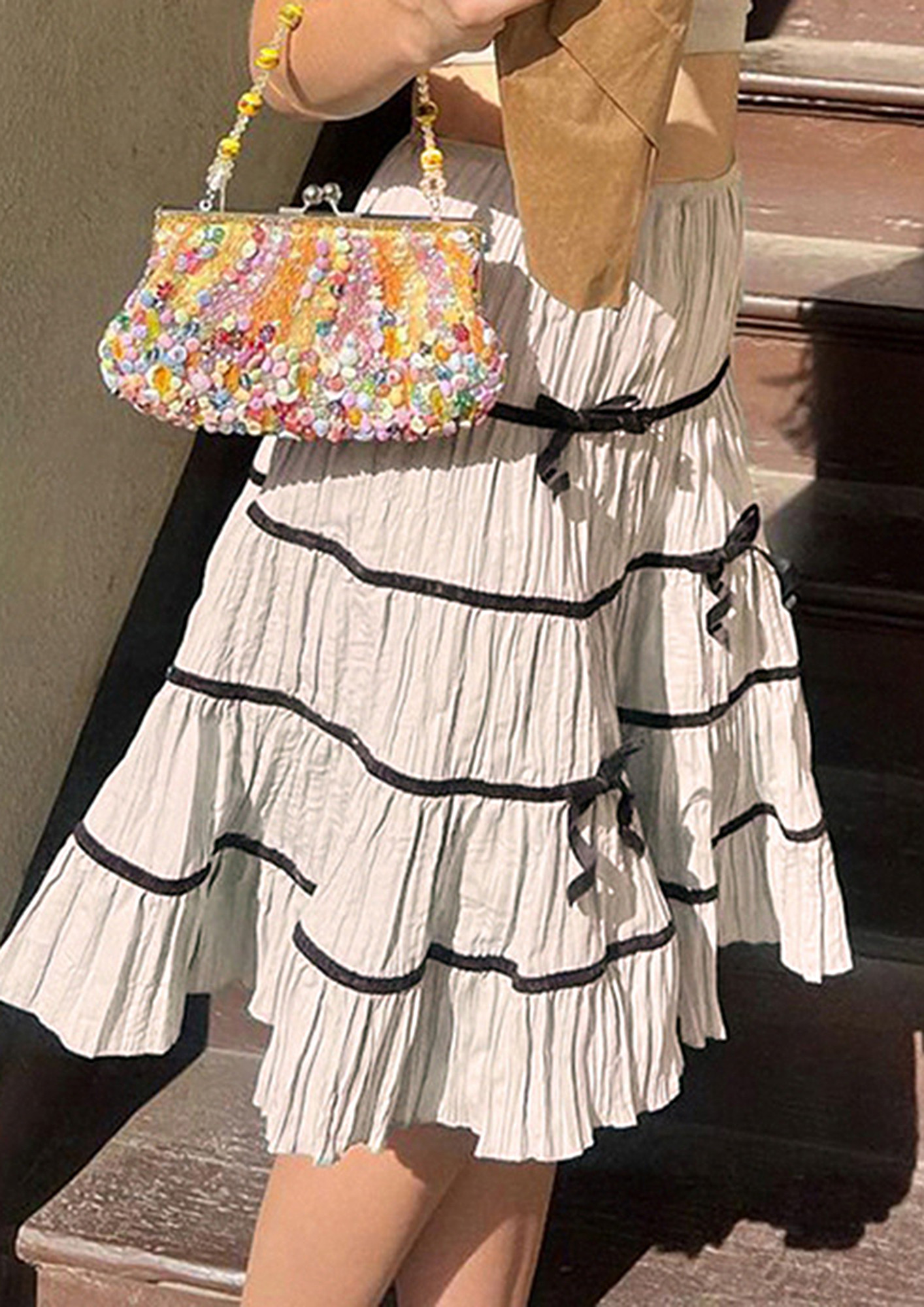 A-line White Bow-decor Shirring Skirt