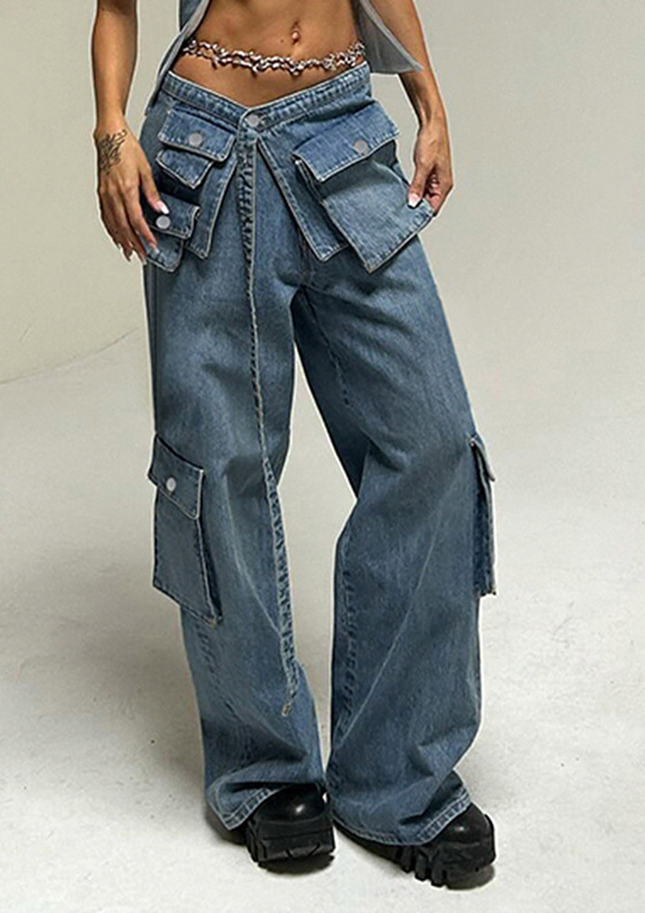 Blue Straight Cargo Jeans W/ Long Strap