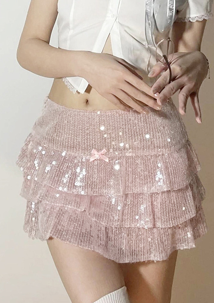 Short Tiered Pink Low-rise Sequin Skirt