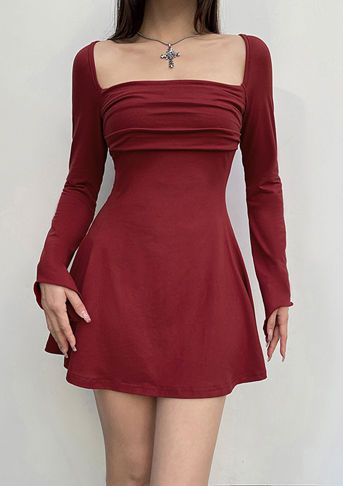 A-line Ruched Square Neck Red Dress