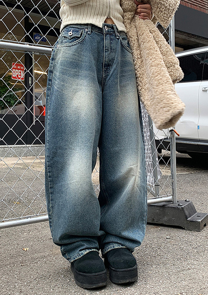 Mid-rise Blue Washed Look Baggy Jeans