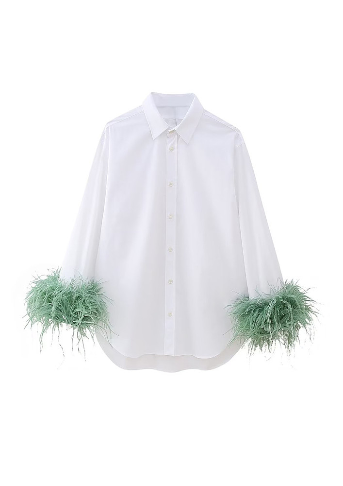 WHITE GREEN FAUX FEATHER-CUFF SHIRT