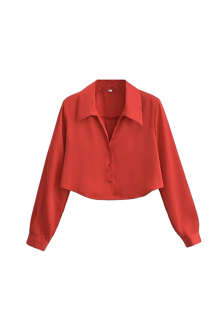 RED LOOSE FIT SATIN CROPPED SHIRT