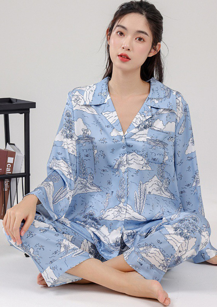 Blue Animated Pattern Pyjama Set