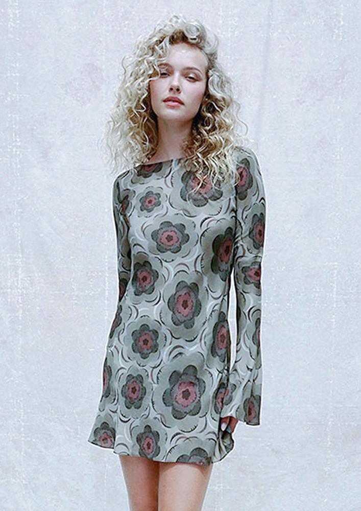  Geometric Floral Print Green Short Dress