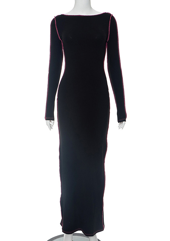 Contrast Stich Detail W/ Hollow Back Maxi Dress In Black