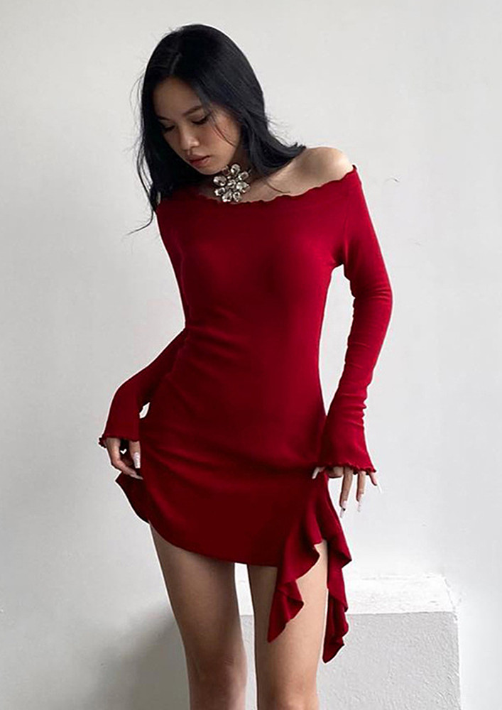 Red Dress W/ Long Sleeves & Ruffle Detail At Slit