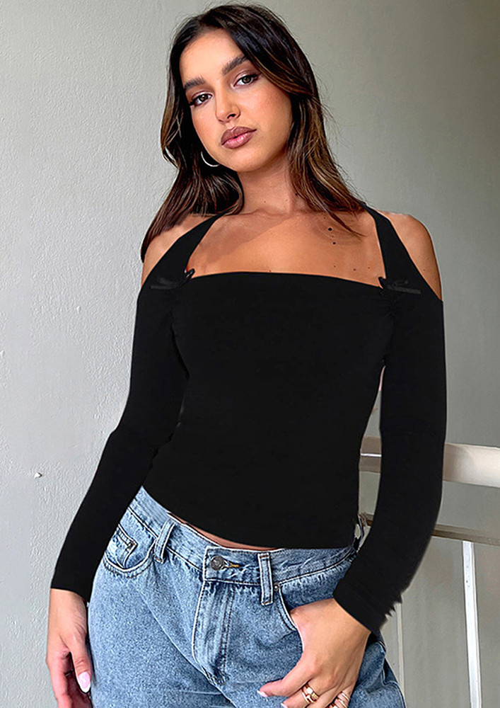 Cut-out Detail Long Sleeves Black Top