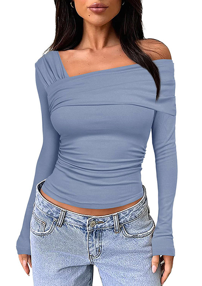 BLUE RUCHED ASYMMETRICAL NECK TOP