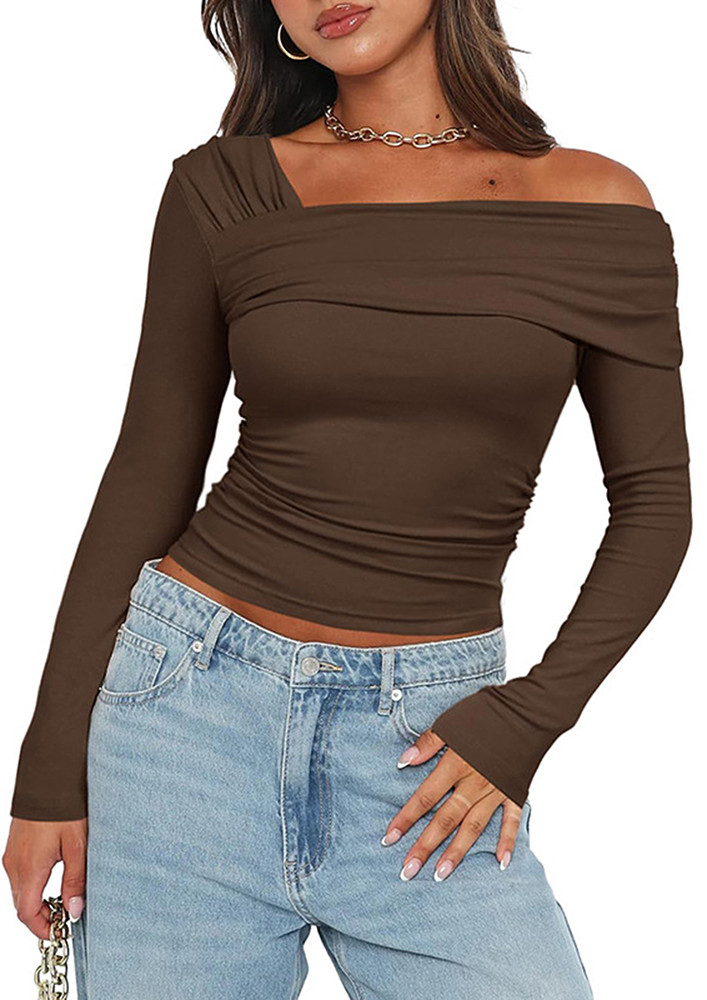 BROWN RUCHED ASYMMETRICAL NECK TOP