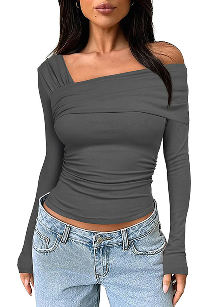 GREY RUCHED ASYMMETRICAL NECK TOP