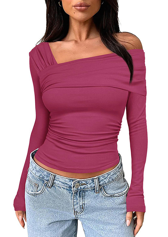 PINK RUCHED ASYMMETRICAL NECK TOP