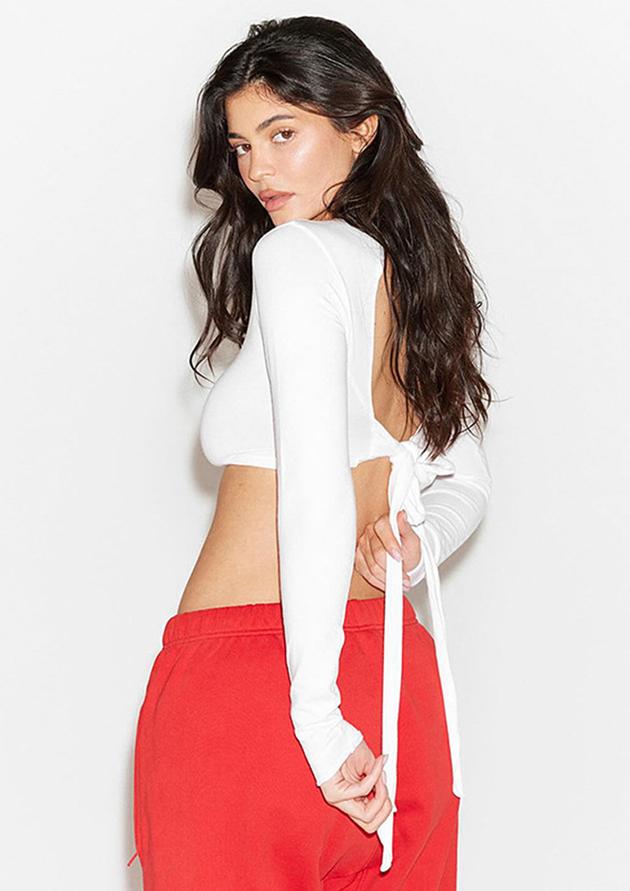 WHITE CREW NECK HOLLOW BACK CROP TOP