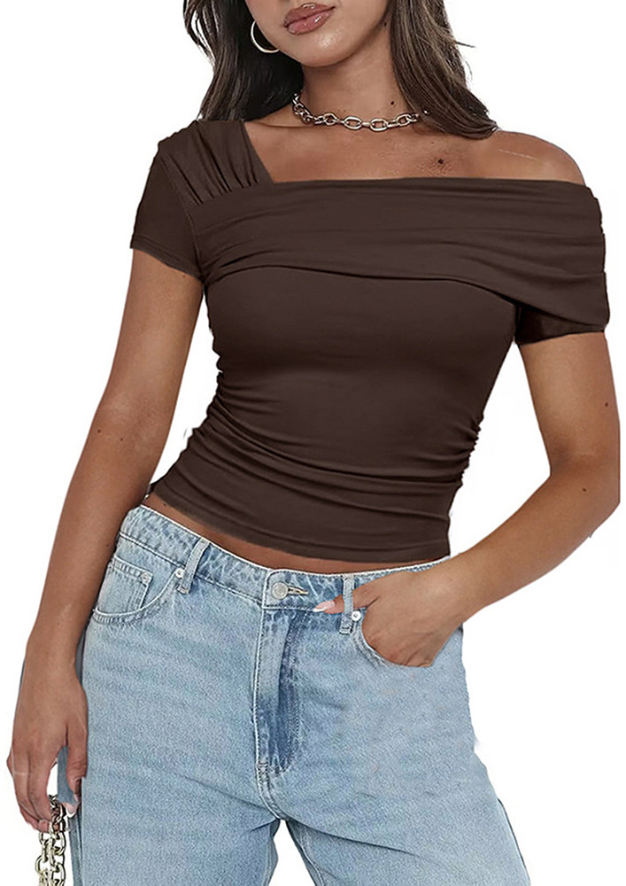 BROWN RUCHED SHORT SLEEVES TOP