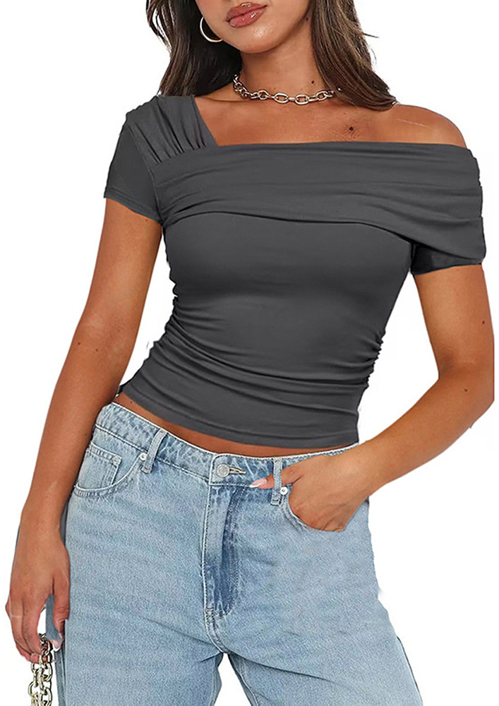GREY RUCHED SHORT SLEEVES TOP