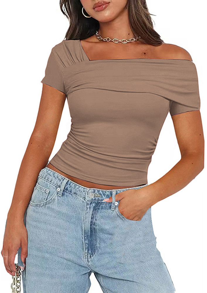 KHAKI RUCHED SHORT SLEEVES TOP