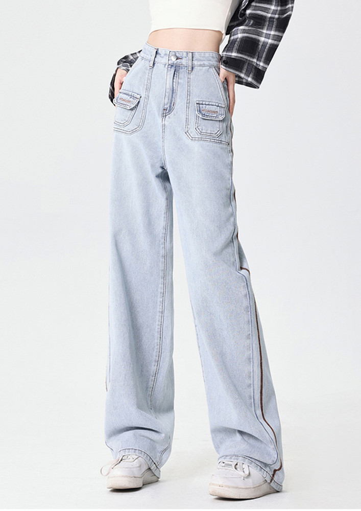 CONTRAST VERTICAL LINED BLUE WIDE JEANS