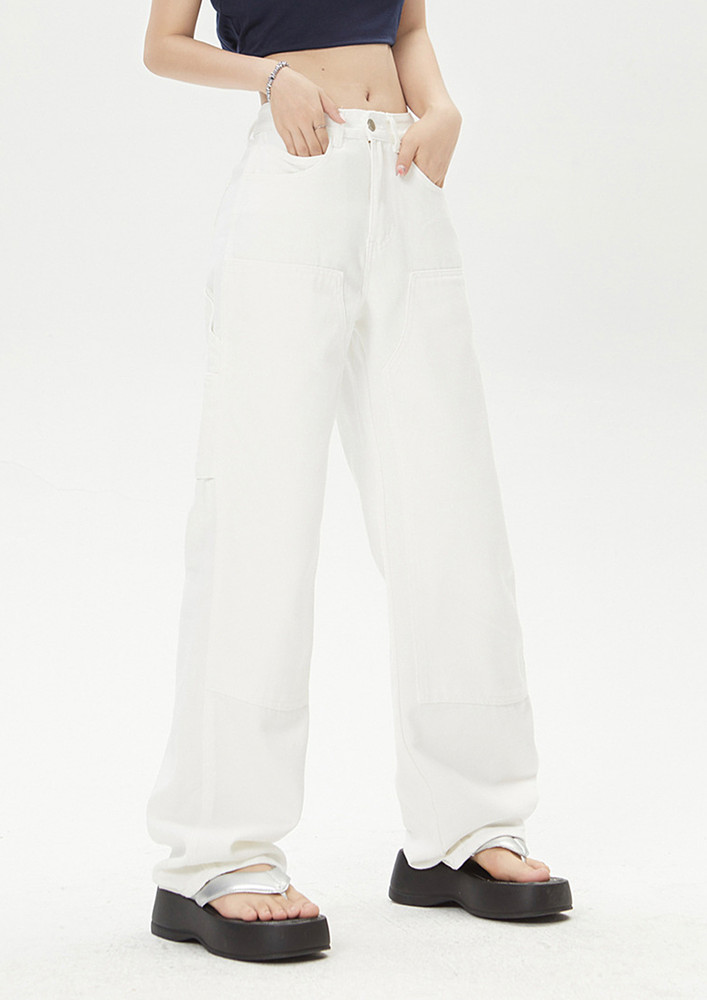 Solid White Straight Loose Patchwork Jeans