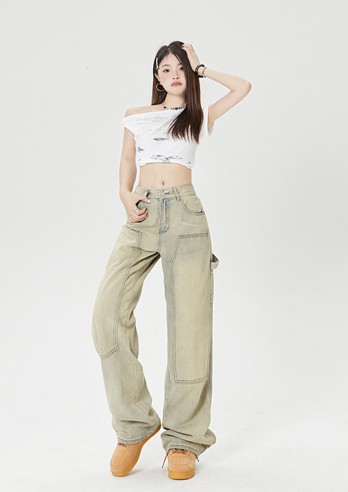 Washed Yellow Straight Loose Patchwork Jeans