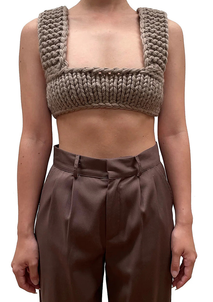 KNITTED BROWN LACE-UP STRING CROP TOP